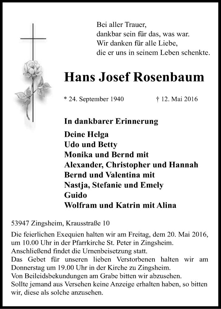  Traueranzeige für Hans Josef Rosenbaum vom 14.05.2016 aus Kölner Stadt-Anzeiger / Kölnische Rundschau / Express