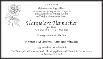 Anzeige von Hannelore Hamacher von  Lokalanzeiger 