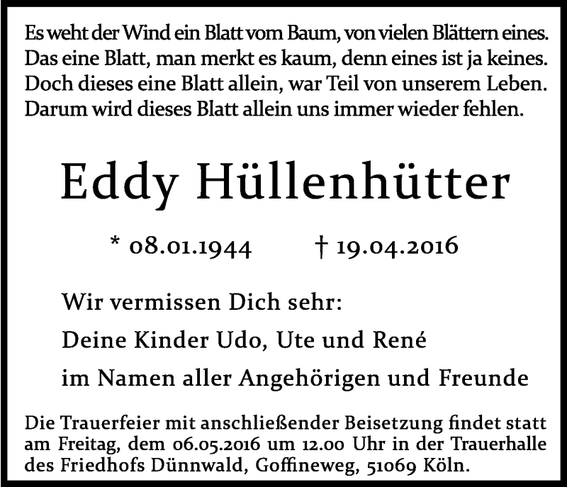  Traueranzeige für Eddy Hüllenhütter vom 30.04.2016 aus Kölner Stadt-Anzeiger / Kölnische Rundschau / Express