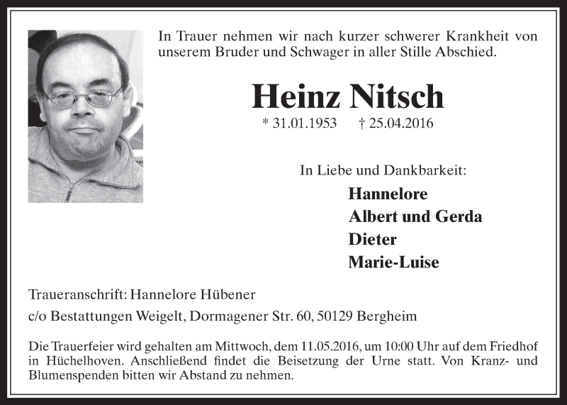  Traueranzeige für Heinz Nitsch vom 04.05.2016 aus  Werbepost 