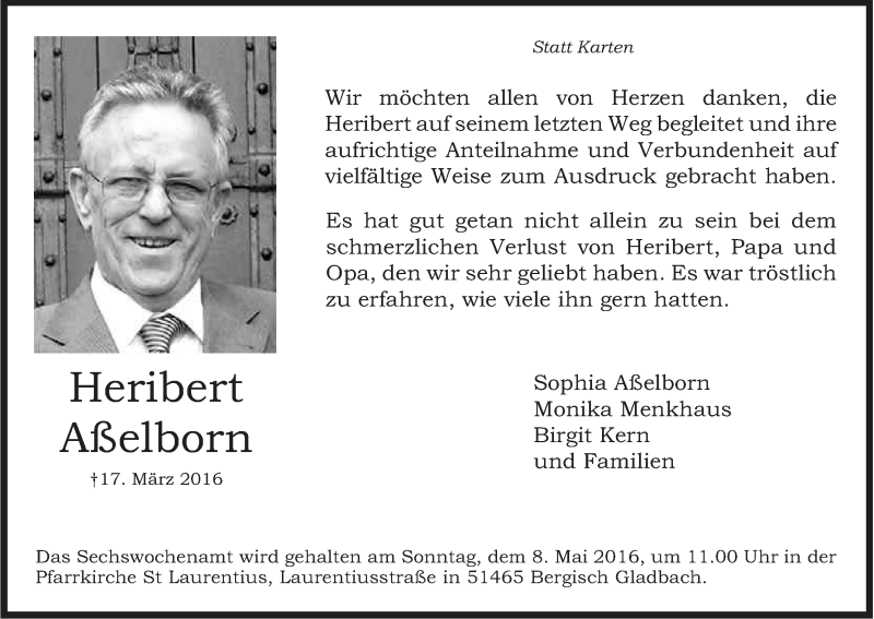  Traueranzeige für Heribert Aßelborn vom 04.05.2016 aus Kölner Stadt-Anzeiger / Kölnische Rundschau / Express