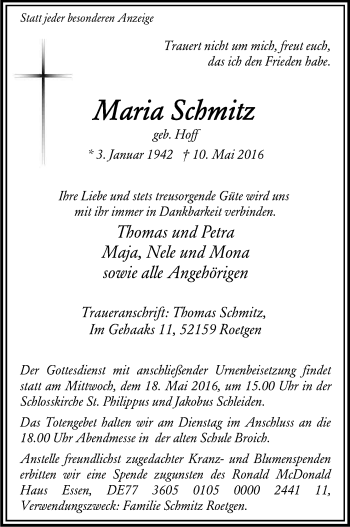 Anzeige von Maria Schmitz von Kölner Stadt-Anzeiger / Kölnische Rundschau / Express