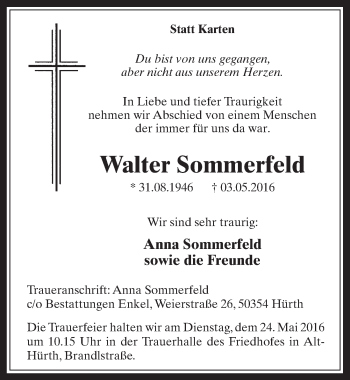 Anzeige von Walter Sommerfeld von  Wochenende 