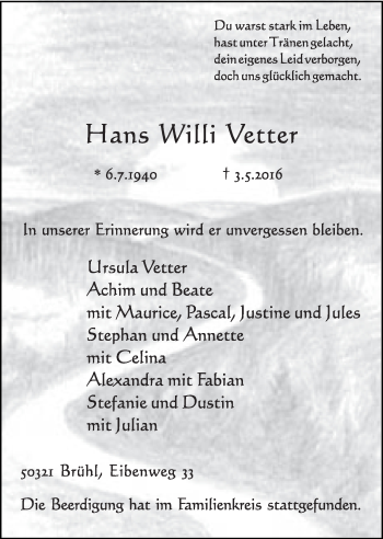 Anzeige von Hans Willi Vetter von  Schlossbote/Werbekurier 