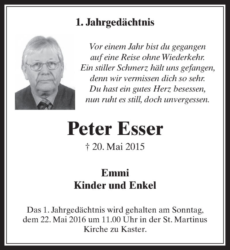  Traueranzeige für Peter Esser vom 18.05.2016 aus  Werbepost 