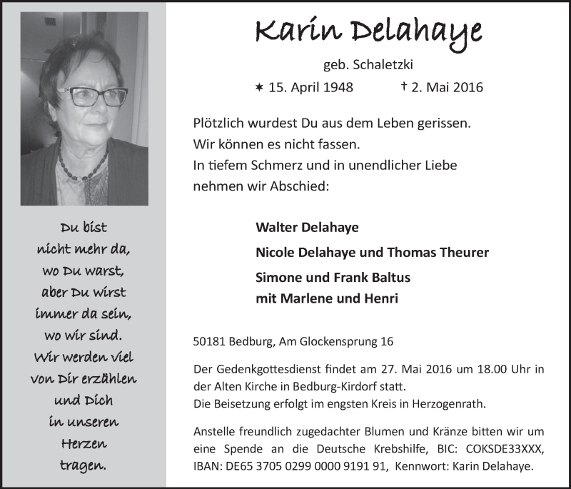  Traueranzeige für Karin Delahaye vom 25.05.2016 aus  Werbepost 