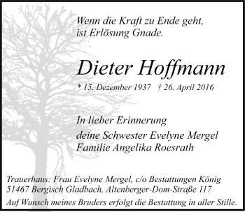 Anzeige von Dieter Hoffmann von  Bergisches Handelsblatt 