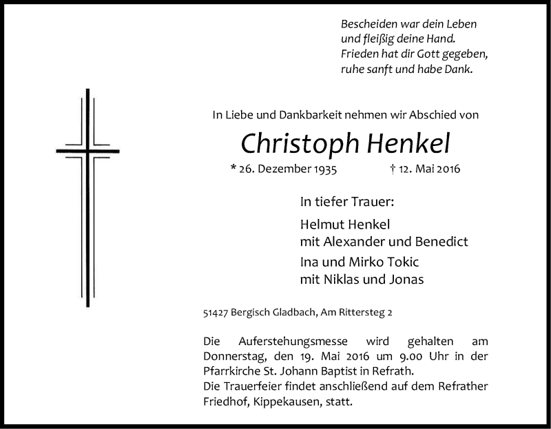  Traueranzeige für Christoph Henkel vom 14.05.2016 aus Kölner Stadt-Anzeiger / Kölnische Rundschau / Express