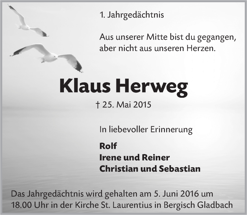  Traueranzeige für Klaus Herweg vom 25.05.2016 aus  Bergisches Handelsblatt 