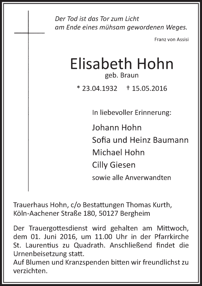  Traueranzeige für Elisabeth Hohn vom 28.05.2016 aus  Sonntags-Post 