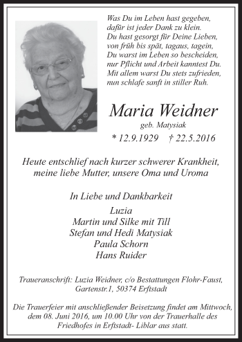 Anzeige von Maria Weidner von  Werbepost 