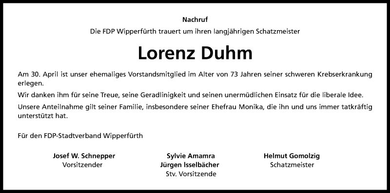  Traueranzeige für Lorenz Duhm vom 25.05.2016 aus Kölner Stadt-Anzeiger / Kölnische Rundschau / Express