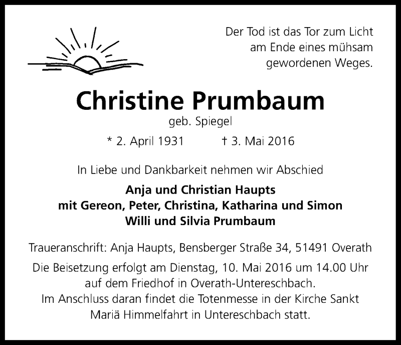  Traueranzeige für Christine Prumbaum vom 07.05.2016 aus Kölner Stadt-Anzeiger / Kölnische Rundschau / Express