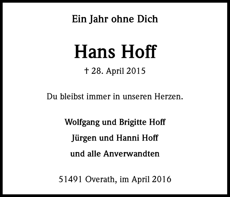  Traueranzeige für Hans Hoff vom 28.04.2016 aus Kölner Stadt-Anzeiger / Kölnische Rundschau / Express