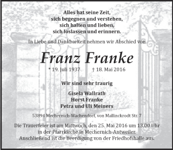 Anzeige von Franz Franke von  Blickpunkt Euskirchen 
