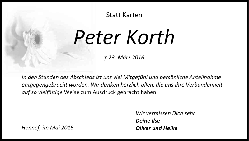 Traueranzeige für Peter Korth vom 07.05.2016 aus Kölner Stadt-Anzeiger / Kölnische Rundschau / Express