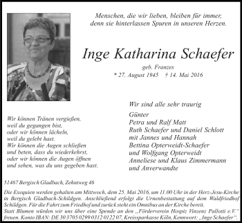 Anzeige von Inge Katharina Schaefer von Kölner Stadt-Anzeiger / Kölnische Rundschau / Express