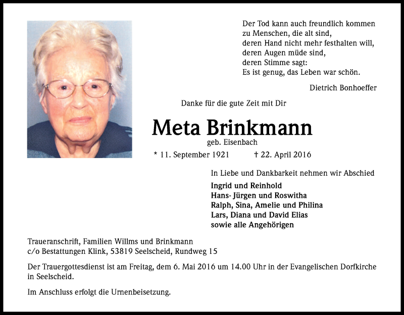  Traueranzeige für Meta Brinkmann vom 30.04.2016 aus Kölner Stadt-Anzeiger / Kölnische Rundschau / Express