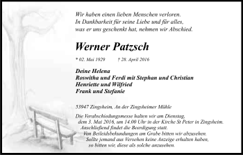Anzeige von Werner Patzsch von Kölner Stadt-Anzeiger / Kölnische Rundschau / Express