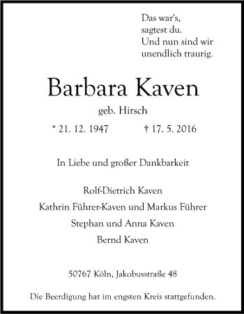 Anzeige von Barbara Kaven von Kölner Stadt-Anzeiger / Kölnische Rundschau / Express