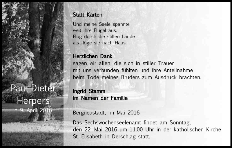  Traueranzeige für Paul Dieter Herpers vom 21.05.2016 aus Kölner Stadt-Anzeiger / Kölnische Rundschau / Express