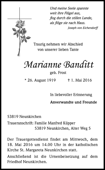 Anzeige von Marianne Banditt von Kölner Stadt-Anzeiger / Kölnische Rundschau / Express