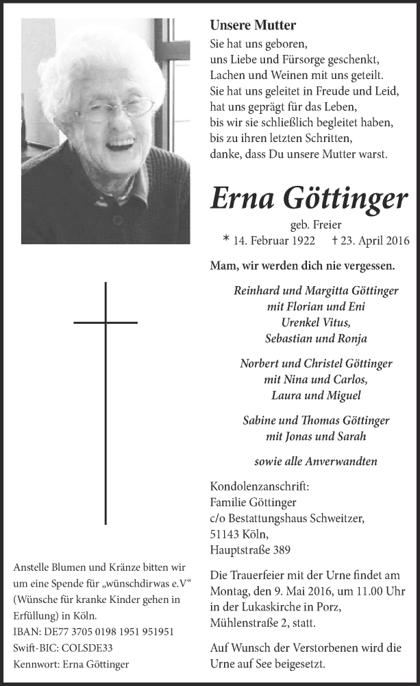  Traueranzeige für Erna Göttinger vom 04.05.2016 aus  Kölner Wochenspiegel 