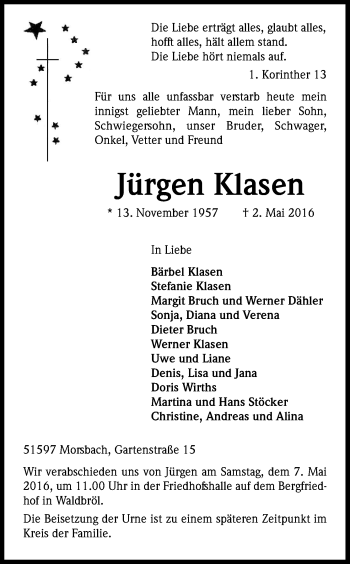 Anzeige von Jürgen Klasen von Kölner Stadt-Anzeiger / Kölnische Rundschau / Express
