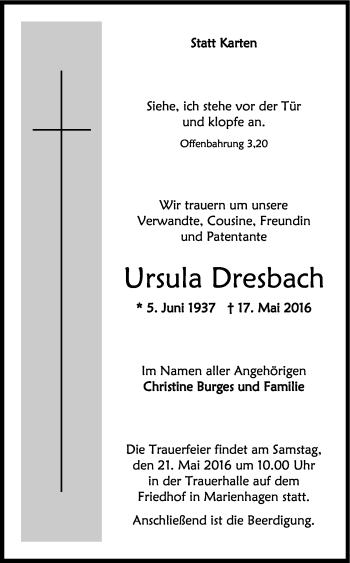 Anzeige von Ursula Dresbach von Kölner Stadt-Anzeiger / Kölnische Rundschau / Express