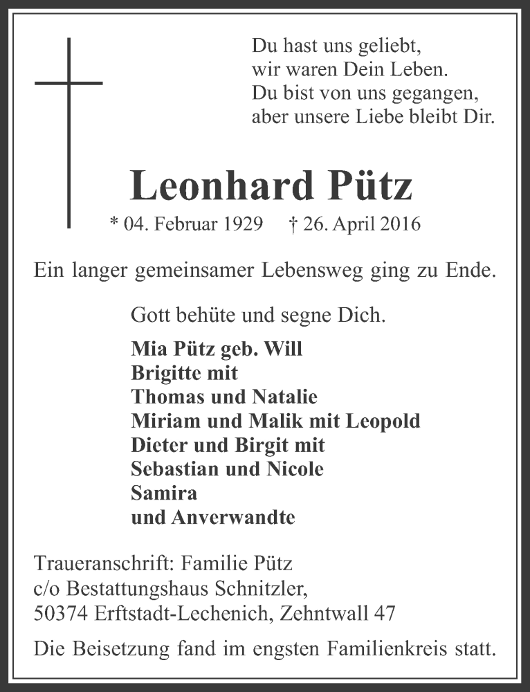  Traueranzeige für Leonhard Pütz vom 11.05.2016 aus  Werbepost 