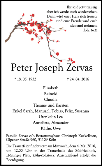 Anzeige von Peter Joseph Zervas von Kölner Stadt-Anzeiger / Kölnische Rundschau / Express