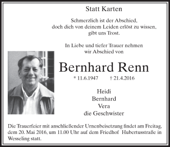 Anzeige von Bernhard Renn von  Schlossbote/Werbekurier 
