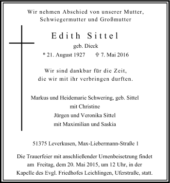 Anzeige von Edith Sittel von Kölner Stadt-Anzeiger / Kölnische Rundschau / Express