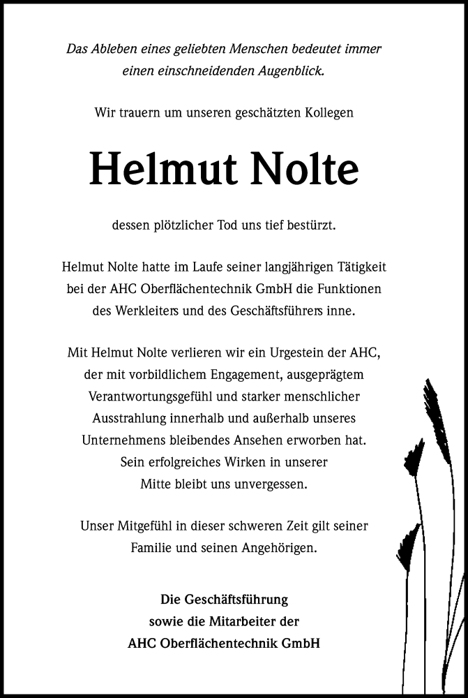  Traueranzeige für Helmut Nolte vom 01.06.2016 aus Kölner Stadt-Anzeiger / Kölnische Rundschau / Express