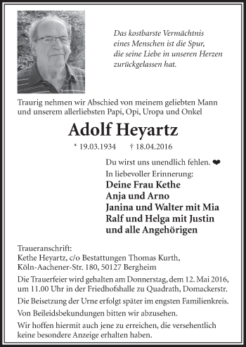 Anzeige von Adolf Heyartz von  Sonntags-Post 