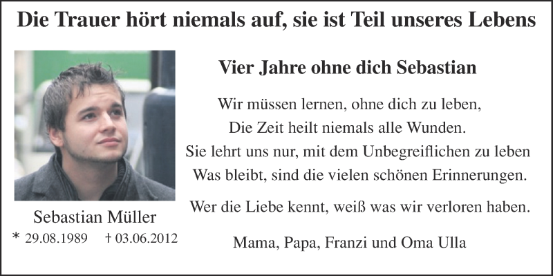  Traueranzeige für Sebastian Müller vom 01.06.2016 aus  Kölner Wochenspiegel 