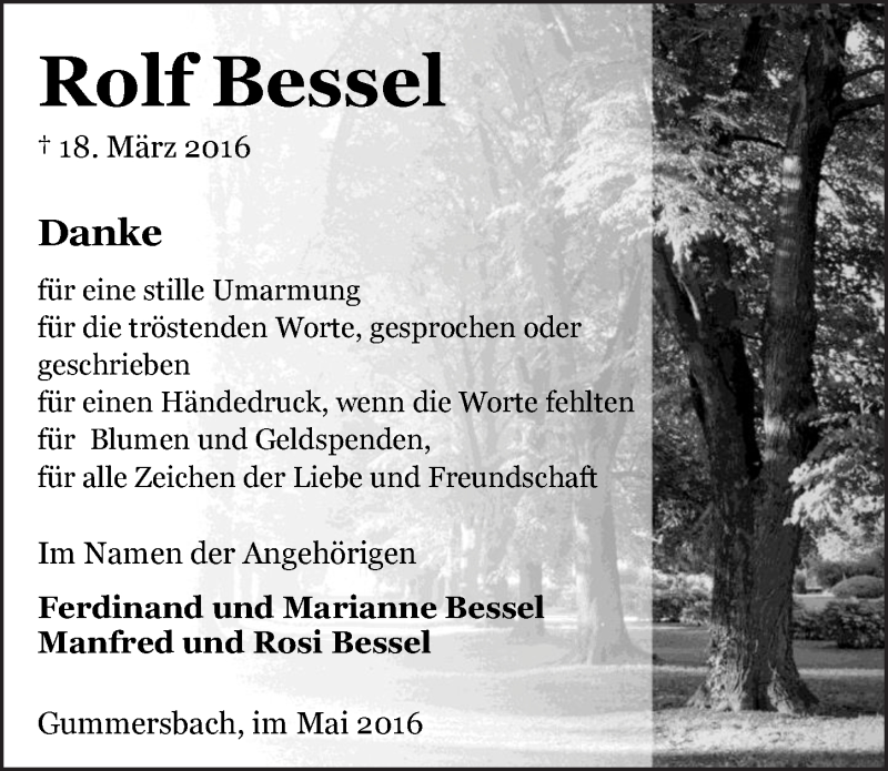  Traueranzeige für Rolf Bessel vom 18.05.2016 aus  Anzeigen Echo 