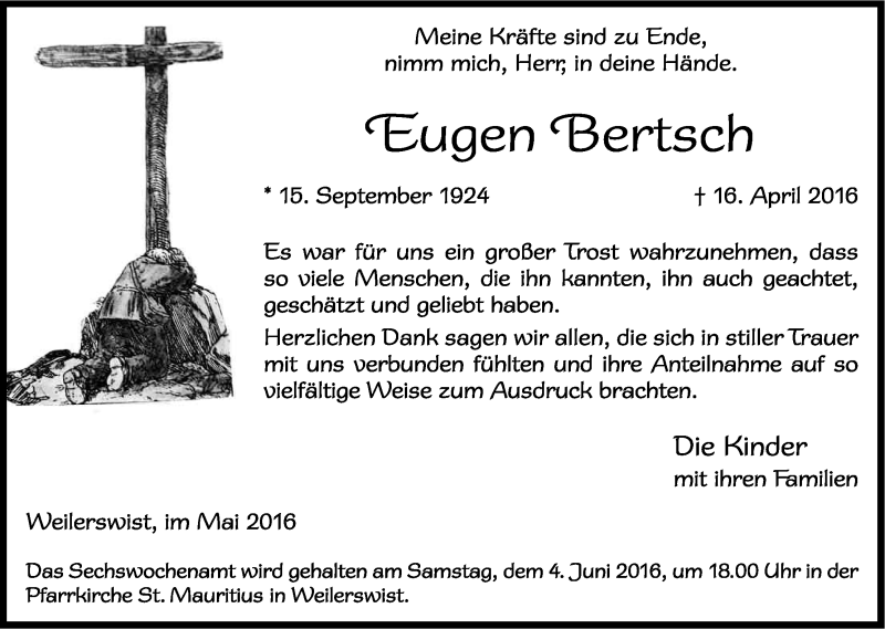  Traueranzeige für Eugen Bertsch vom 28.05.2016 aus Kölner Stadt-Anzeiger / Kölnische Rundschau / Express