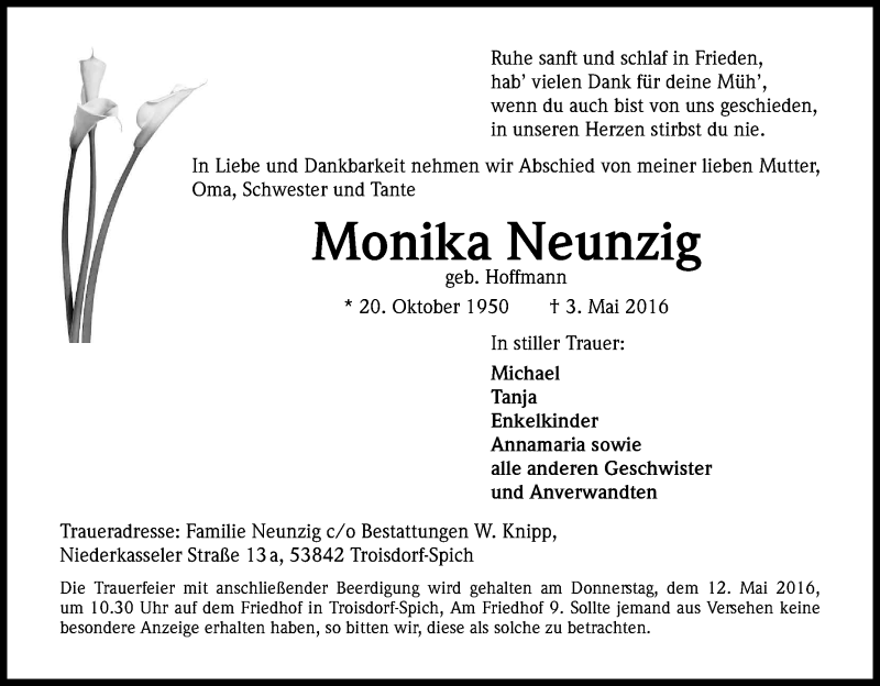  Traueranzeige für Monika Neunzig vom 07.05.2016 aus Kölner Stadt-Anzeiger / Kölnische Rundschau / Express