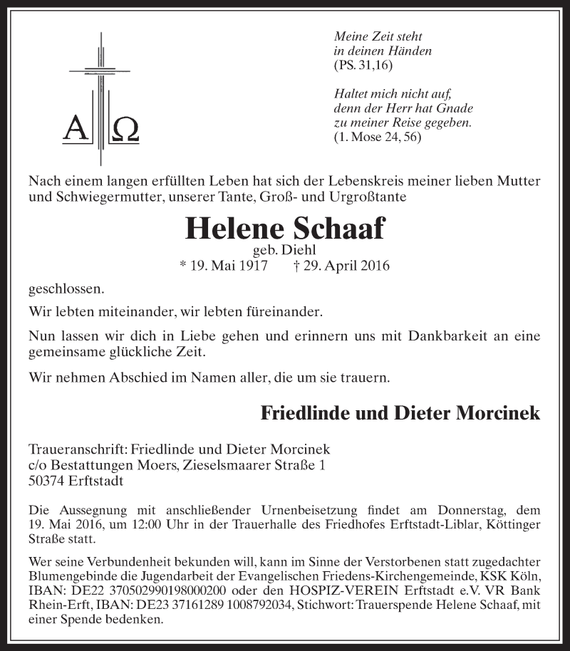  Traueranzeige für Helene Schaaf vom 11.05.2016 aus  Werbepost 