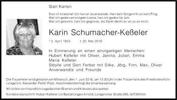 Anzeige von Karin Schumacher-Keßeler von Kölner Stadt-Anzeiger / Kölnische Rundschau / Express