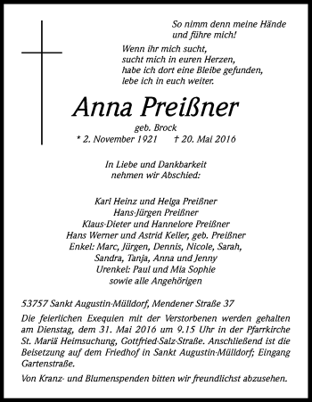 Anzeige von Anna Preißner von Kölner Stadt-Anzeiger / Kölnische Rundschau / Express