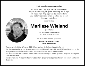 Anzeige von Marliese Wieland von Kölner Stadt-Anzeiger / Kölnische Rundschau / Express