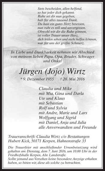 Anzeige von Jürgen Wirtz von  Werbepost 