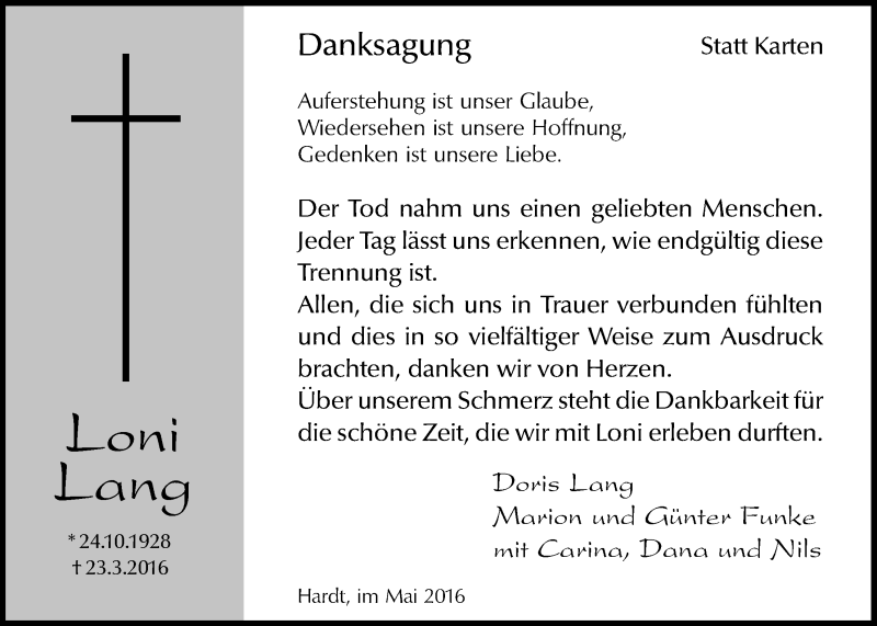  Traueranzeige für Loni Lang vom 11.05.2016 aus  Lokalanzeiger 