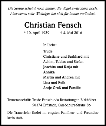 Anzeige von Christian Fensch von Kölner Stadt-Anzeiger / Kölnische Rundschau / Express