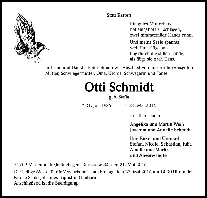  Traueranzeige für Otti Schmidt vom 24.05.2016 aus Kölner Stadt-Anzeiger / Kölnische Rundschau / Express