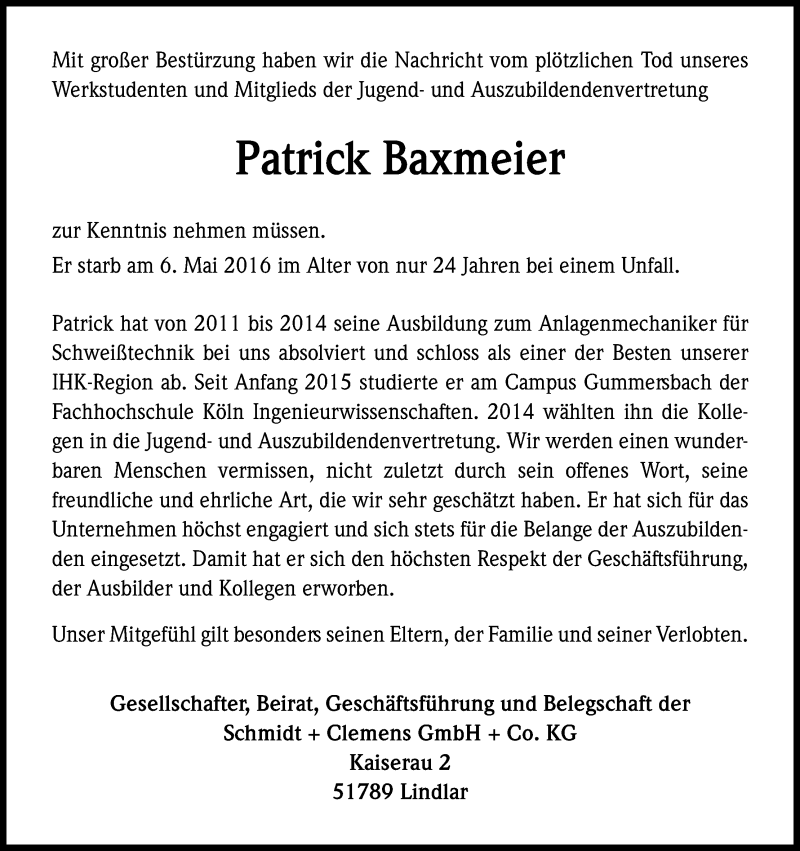  Traueranzeige für Patrick Baxmeier vom 14.05.2016 aus Kölner Stadt-Anzeiger / Kölnische Rundschau / Express