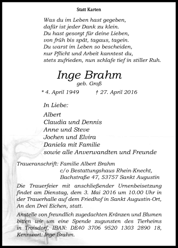 Anzeige von Inge Brahm von Kölner Stadt-Anzeiger / Kölnische Rundschau / Express