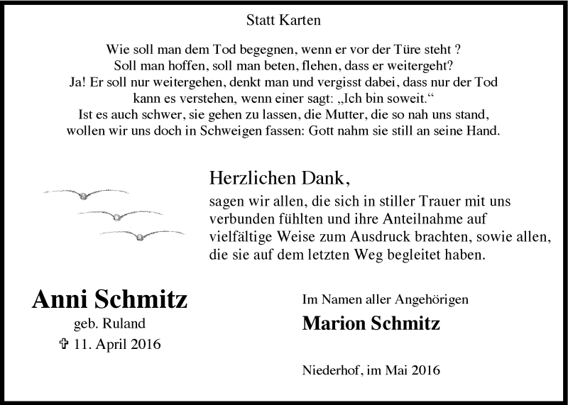  Traueranzeige für Anni Schmitz vom 18.05.2016 aus  Anzeigen Echo 